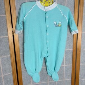 Vintage Evenflo Aqua Blue Textured Waffle Knit Footed Sleeper Bunny 3-6M‎